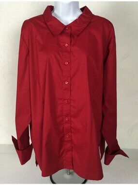 Denim and Company Button Up Top Women Size 3X Red Cuffed Long Sleeves Blouse